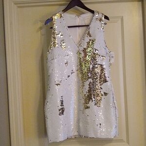 BNWT Foxidox white silver gold sequin party dress size large